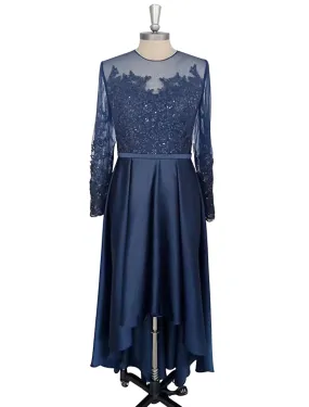 Aimishang  A-Line Cocktail Dresses Elegant Dress Wedding Guest Party Wear Asymmetrical Long Sleeve Jewel Neck Satin with Crystals Appliques