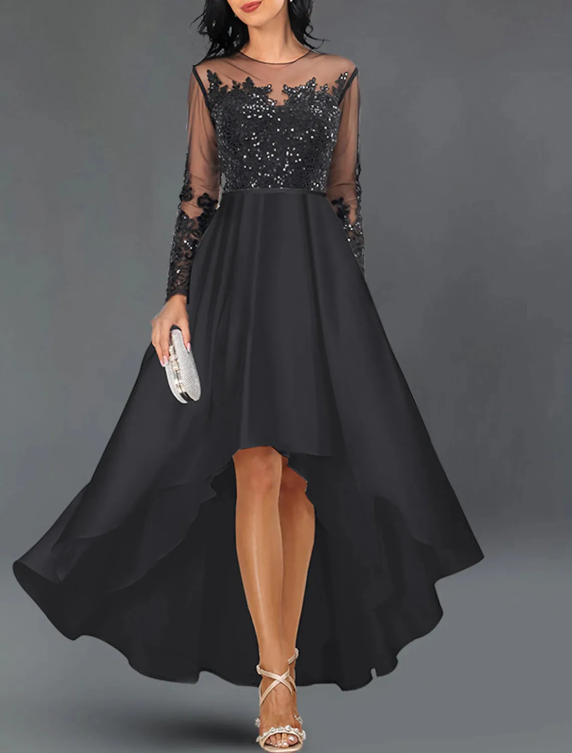 Aimishang  A-Line Cocktail Dresses Elegant Dress Wedding Guest Party Wear Asymmetrical Long Sleeve Jewel Neck Satin with Crystals Appliques
