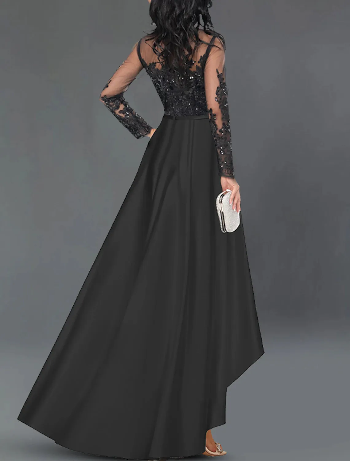 Aimishang  A-Line Cocktail Dresses Elegant Dress Wedding Guest Party Wear Asymmetrical Long Sleeve Jewel Neck Satin with Crystals Appliques