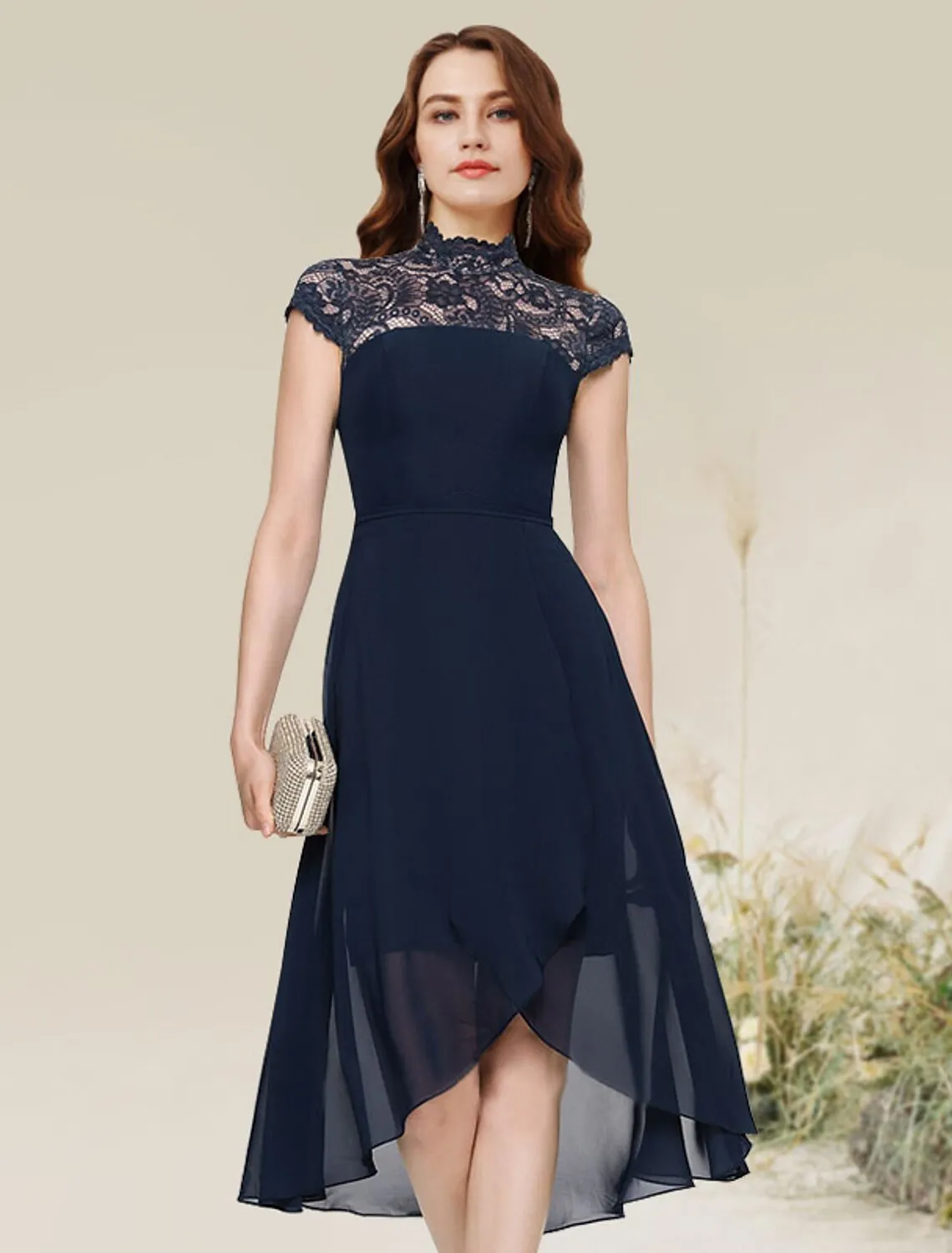 Aimishang  A-Line Cocktail Dresses Flirty Dress Homecoming Asymmetrical Sleeveless Jewel Neck Chiffon with Lace Insert