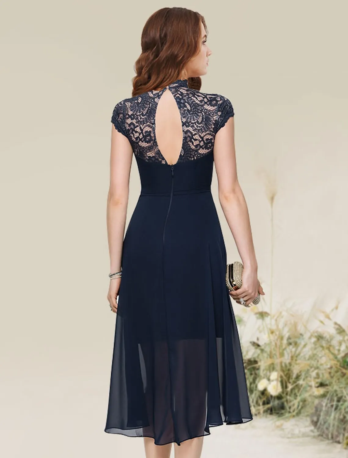Aimishang  A-Line Cocktail Dresses Flirty Dress Homecoming Asymmetrical Sleeveless Jewel Neck Chiffon with Lace Insert