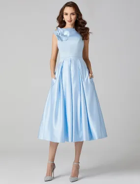 Aimishang   A-Line Cocktail Dresses Party Dress Formal Tea Length Sleeveless Jewel Neck Pocket Satin with Pleats Shouder Flower