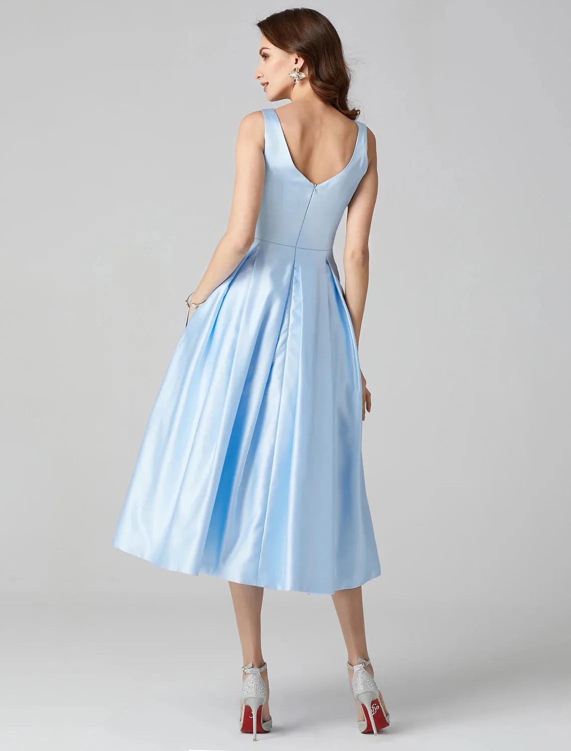 Aimishang   A-Line Cocktail Dresses Party Dress Formal Tea Length Sleeveless Jewel Neck Pocket Satin with Pleats Shouder Flower