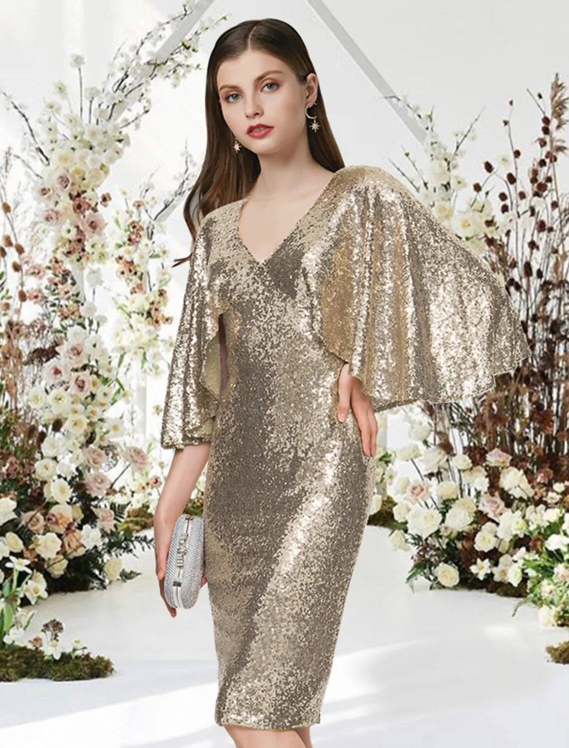 Aimishang   Sheath / Column Cocktail Dresses Glittering Dress Graduation Knee Length Half Sleeve V Neck Sequined with Sleek