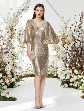 Aimishang   Sheath / Column Cocktail Dresses Glittering Dress Graduation Knee Length Half Sleeve V Neck Sequined with Sleek