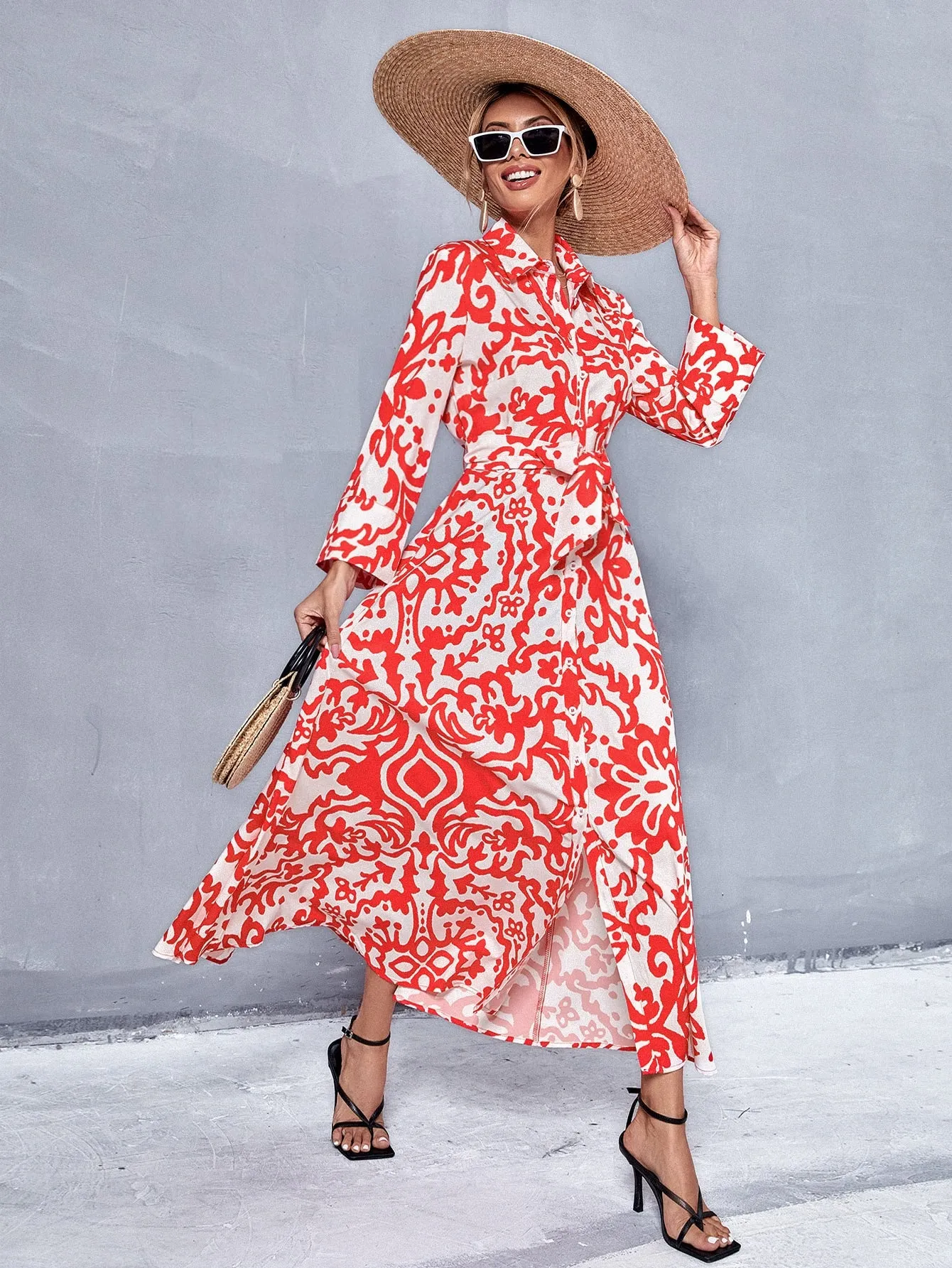 All Over Print Button Front Long Sleeve Collar Flared High Waist Long Dress
