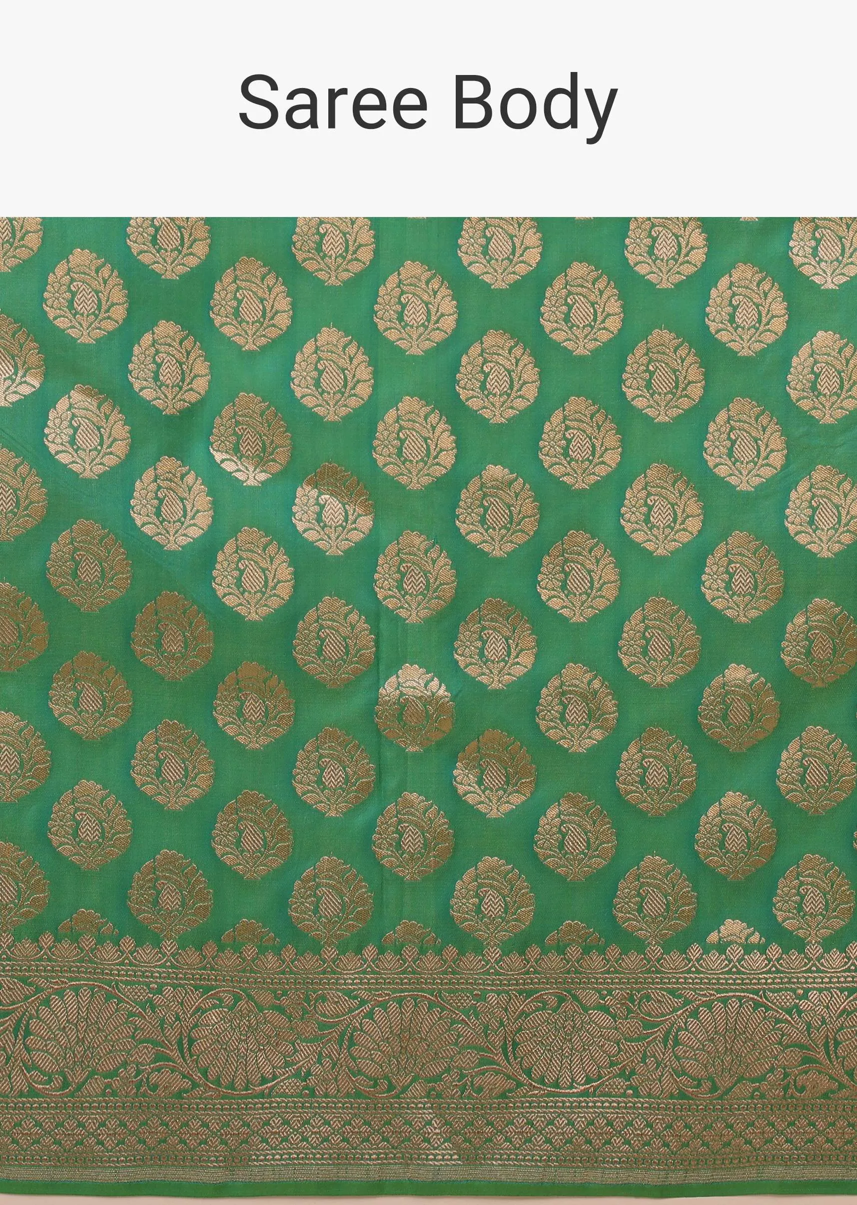 Atlantis Green Saree In Pure Banarasi Silk With A Summer Green Luminous Shade And Upada Zari Weave Floral Butti Work