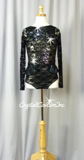 Black Long-Sleeved Lace Leotard with Silver Lining and Peplum Skirt - Swarovski Rhinestones