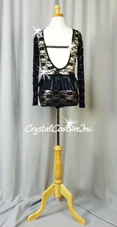 Black Long-Sleeved Lace Leotard with Silver Lining and Peplum Skirt - Swarovski Rhinestones