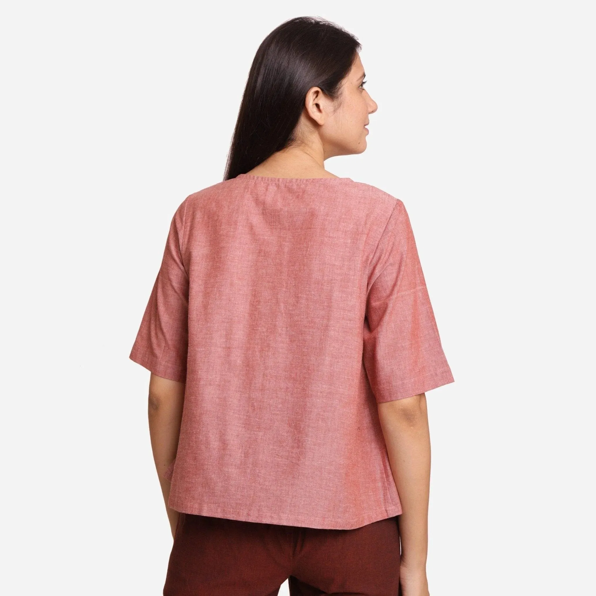 Brown Mangalgiri Cotton A-Line Button-Down Top