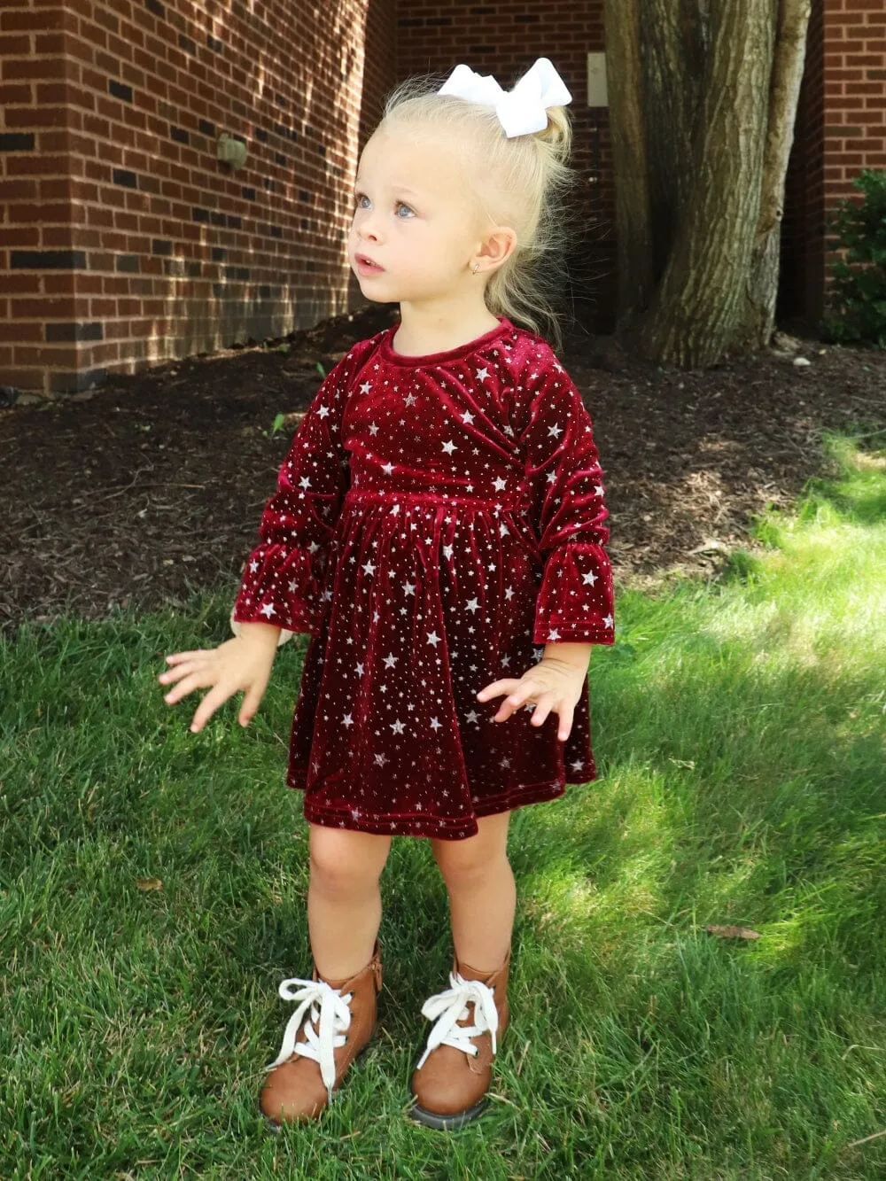 Burgundy Starry Night Velvet Flare Girls Dress