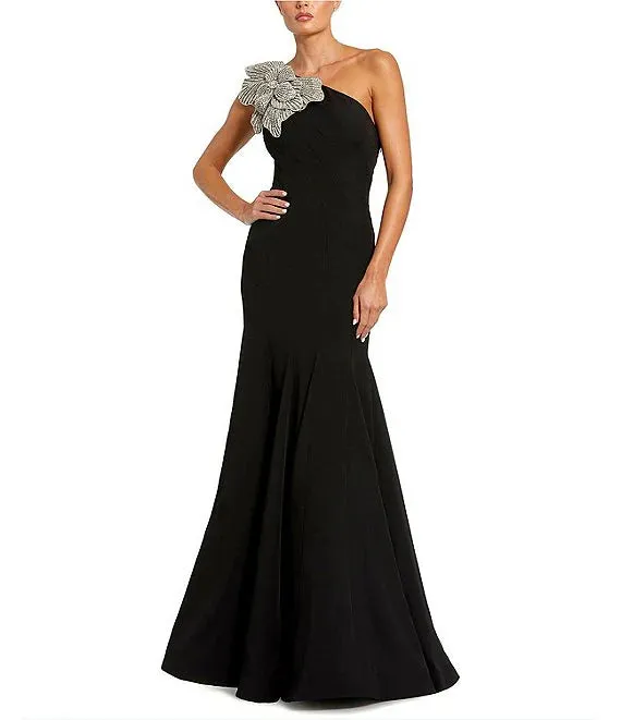 Crepe One Shoulder Sleeveless Flower Applique Gown Cocktail Dresses
