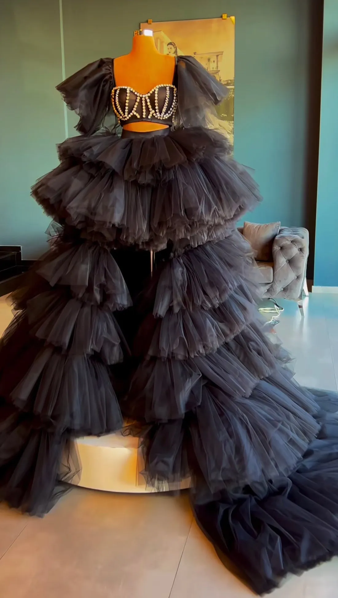 Davina Black Tiered Evening Dresses