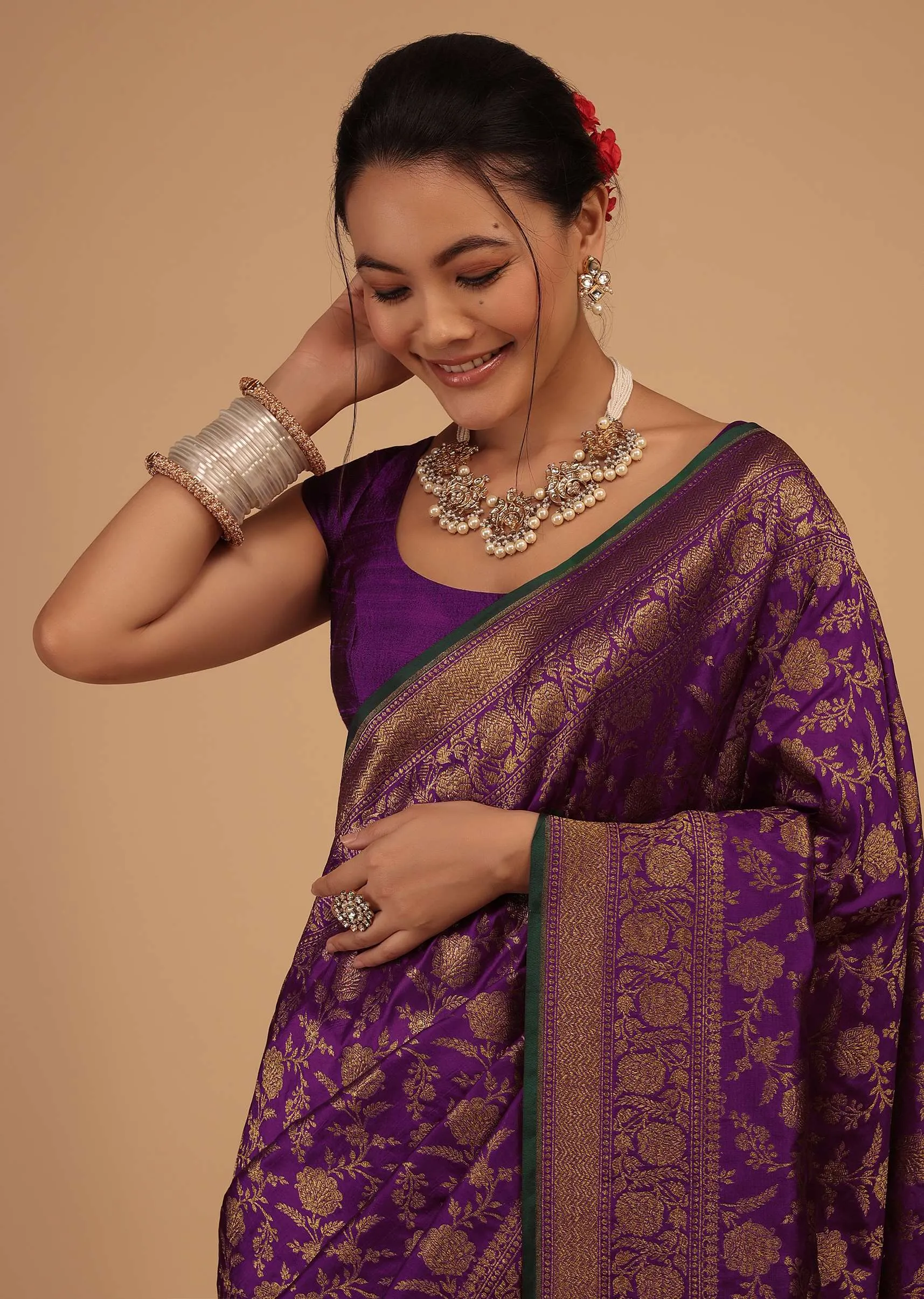 Grape Purple Saree In Pure Banarasi Silk With Upada Zari Weave In Floral Jaal Work