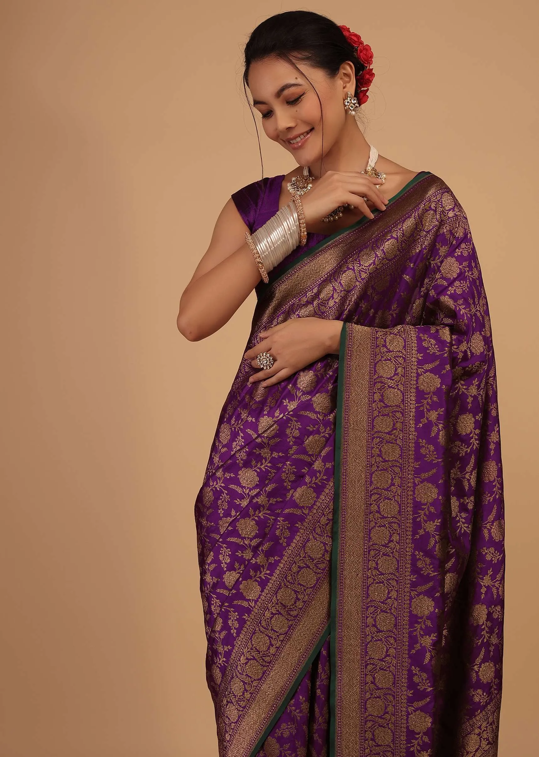 Grape Purple Saree In Pure Banarasi Silk With Upada Zari Weave In Floral Jaal Work