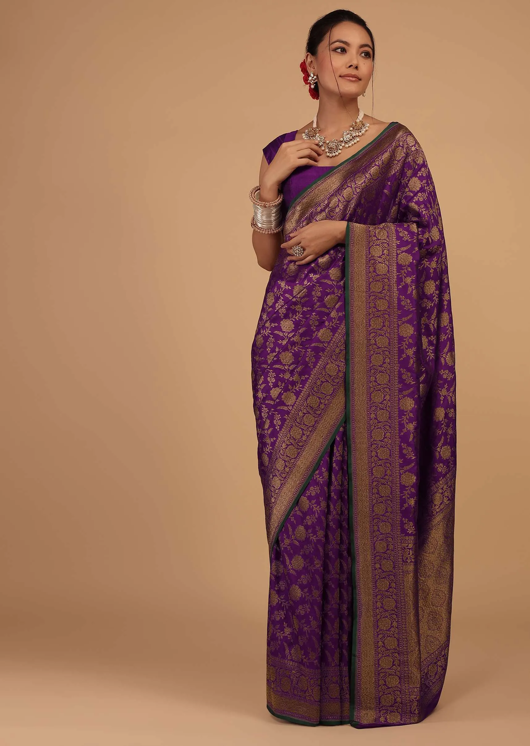 Grape Purple Saree In Pure Banarasi Silk With Upada Zari Weave In Floral Jaal Work
