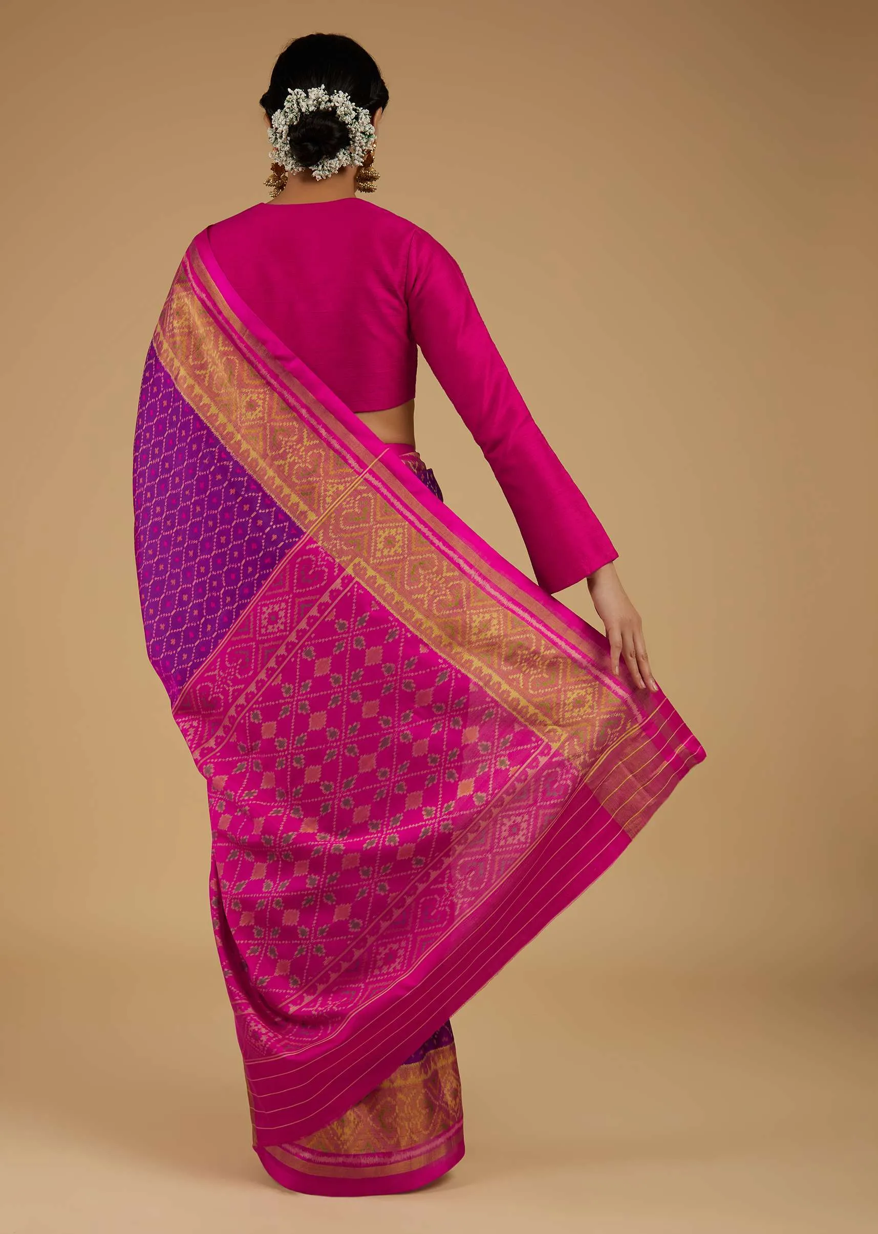 Grape Purple Saree In Silk With Ikat Weave Patola Work