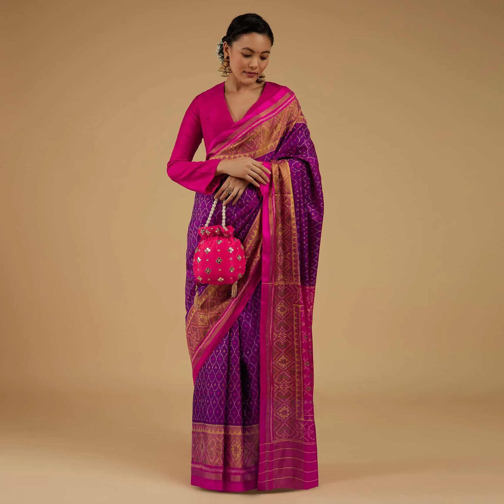 Grape Purple Saree In Silk With Ikat Weave Patola Work