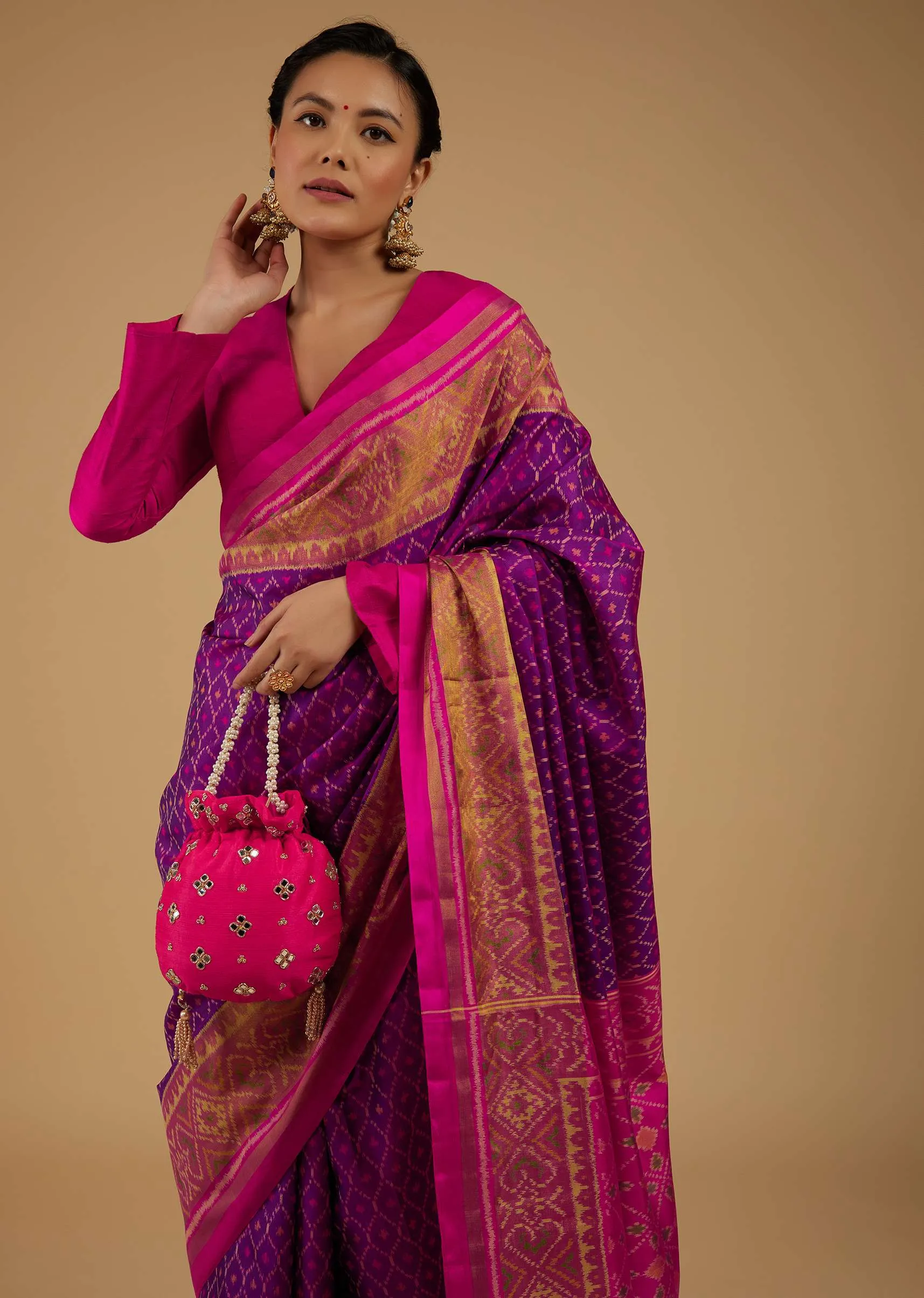 Grape Purple Saree In Silk With Ikat Weave Patola Work