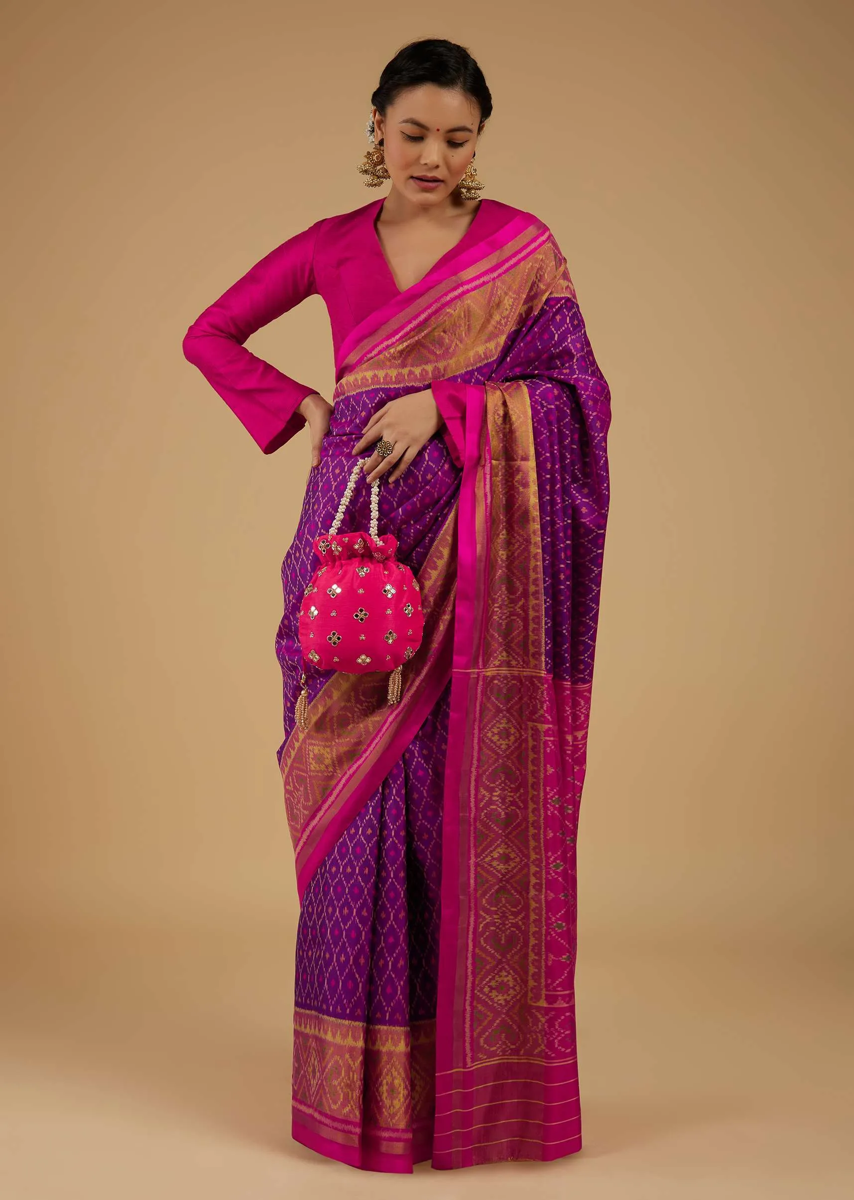 Grape Purple Saree In Silk With Ikat Weave Patola Work