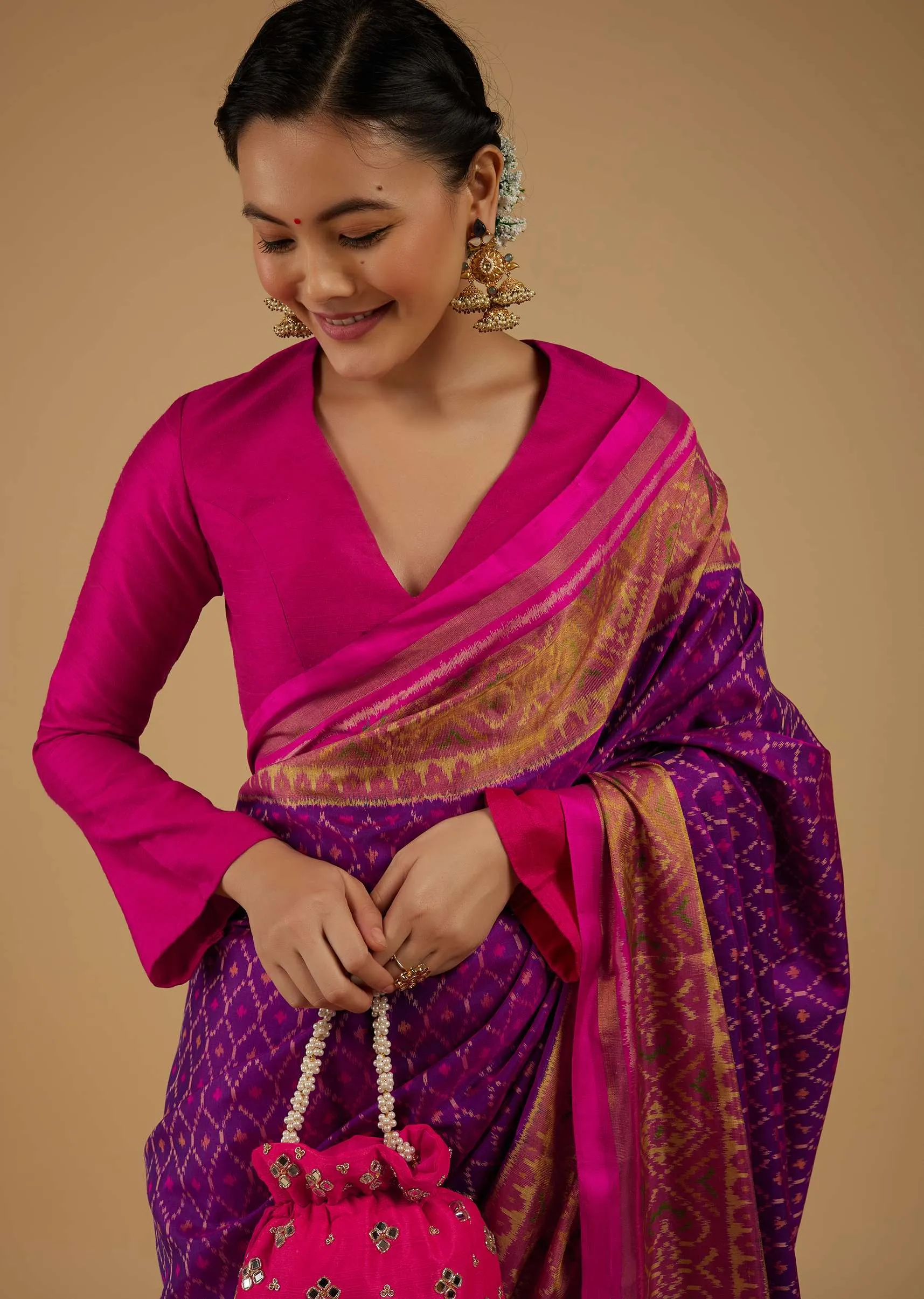 Grape Purple Saree In Silk With Ikat Weave Patola Work