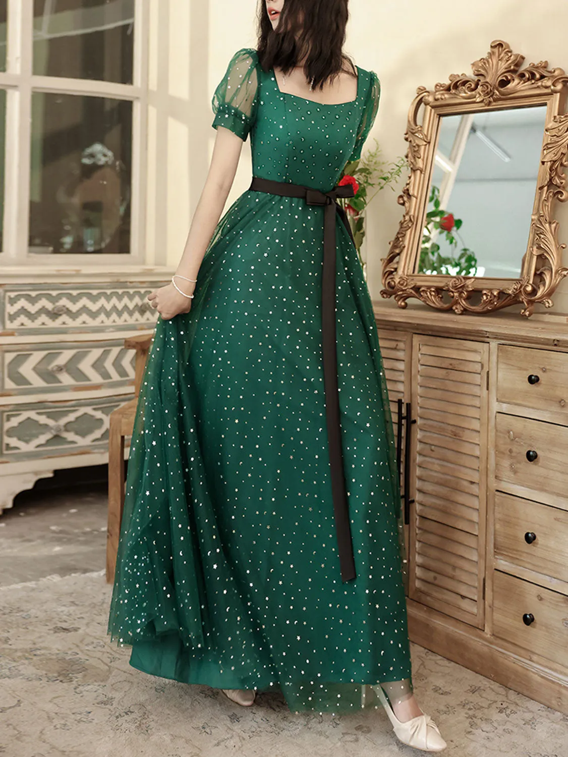 Green A line Long Prom Dress, Green Tulle Long Formal Dress