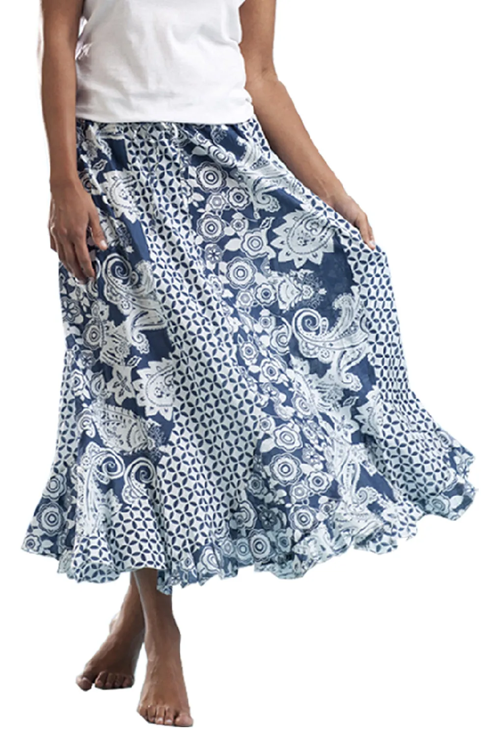 La Cera 100% Cotton Voile Mixed Printed Maxi Skirt