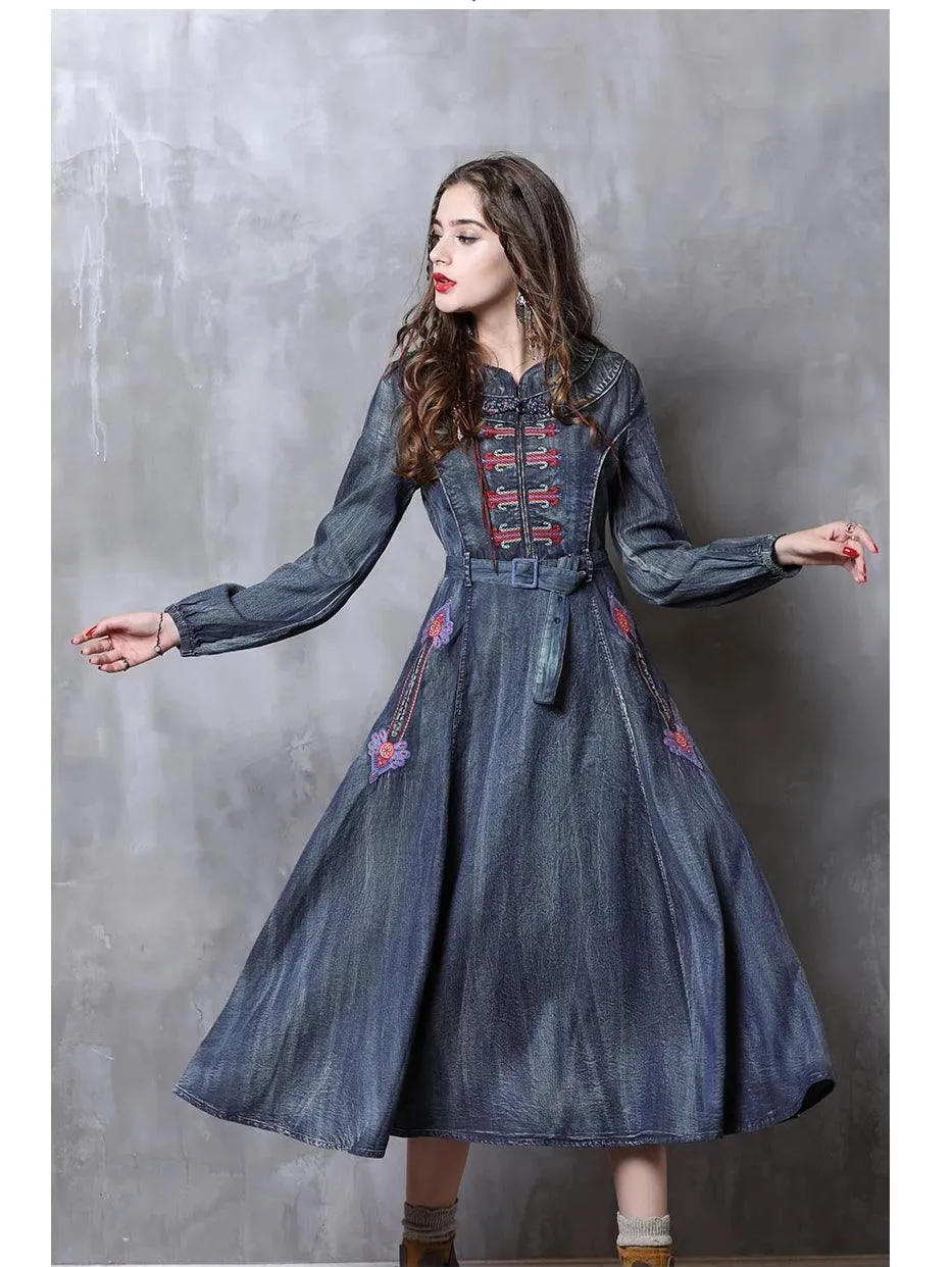 Long Sleeve Vintage Embroidery Belted Denim Dress