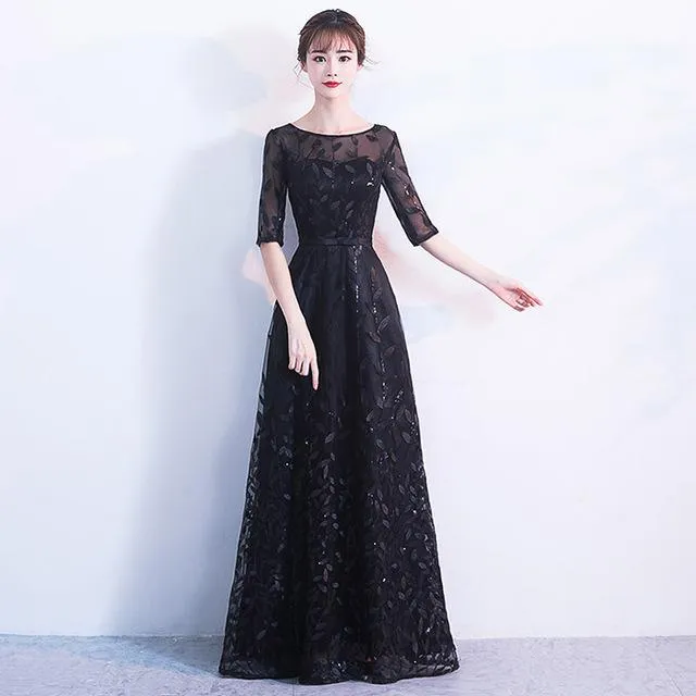 LOVONEY Long Evening Dress 2017 Hot Sale Scoop Neck Half Sleeves Navy Blue Lace Up Formal Evening Dresses Robe De Soiree M212