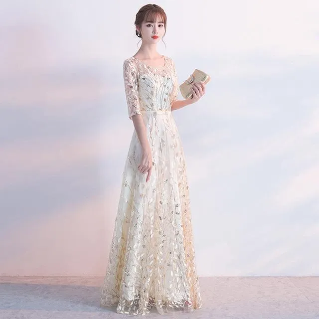 LOVONEY Long Evening Dress 2017 Hot Sale Scoop Neck Half Sleeves Navy Blue Lace Up Formal Evening Dresses Robe De Soiree M212
