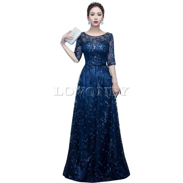 LOVONEY Long Evening Dress 2017 Hot Sale Scoop Neck Half Sleeves Navy Blue Lace Up Formal Evening Dresses Robe De Soiree M212