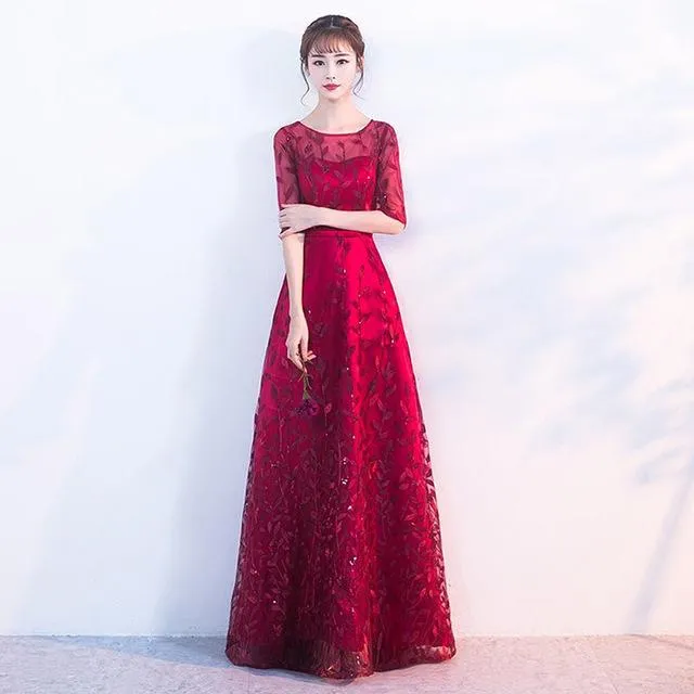 LOVONEY Long Evening Dress 2017 Hot Sale Scoop Neck Half Sleeves Navy Blue Lace Up Formal Evening Dresses Robe De Soiree M212