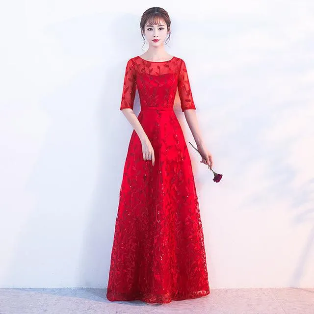 LOVONEY Long Evening Dress 2017 Hot Sale Scoop Neck Half Sleeves Navy Blue Lace Up Formal Evening Dresses Robe De Soiree M212