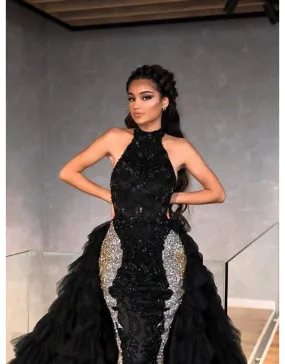 Luxury Evening Gown Black Sleeveless Ruffles