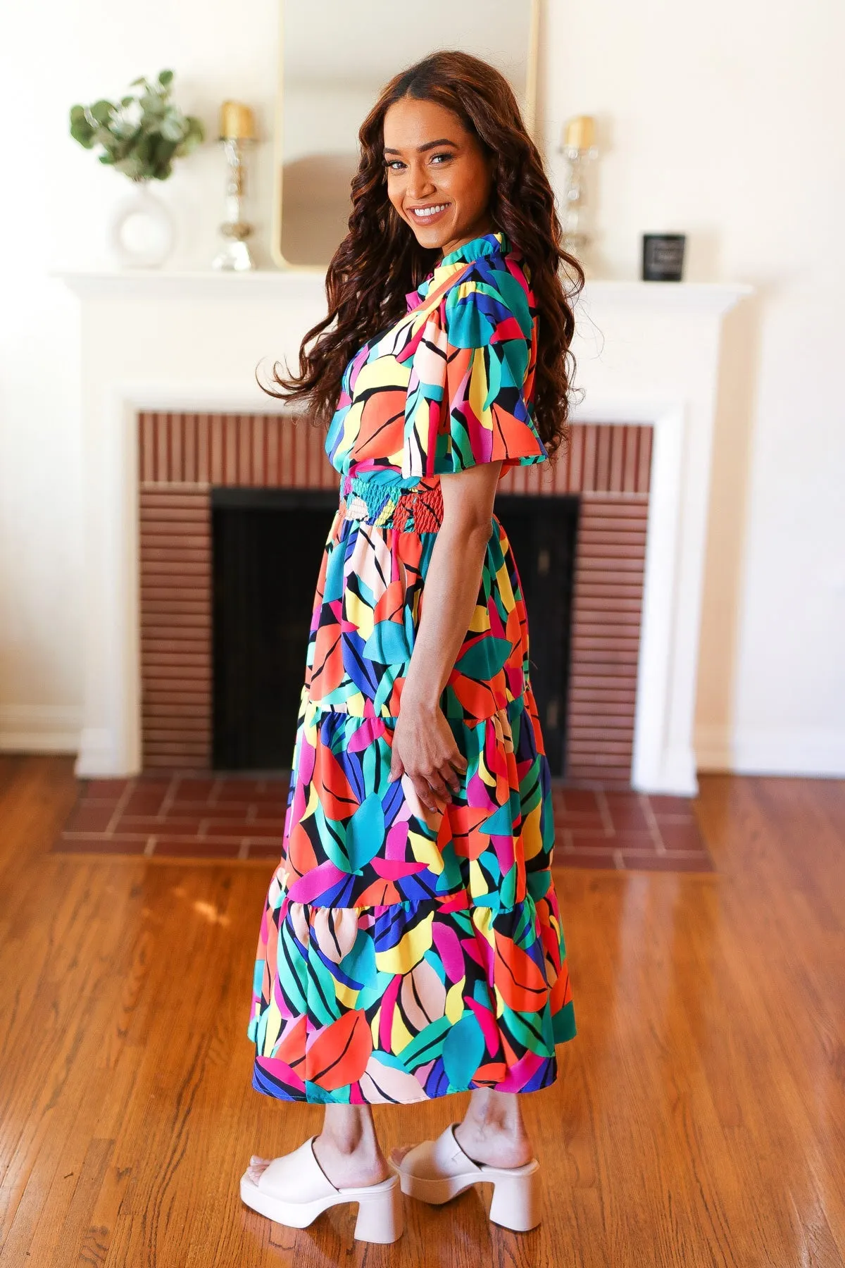 Multicolor Abstract Tropical Print Smocked Waist Maxi Dress