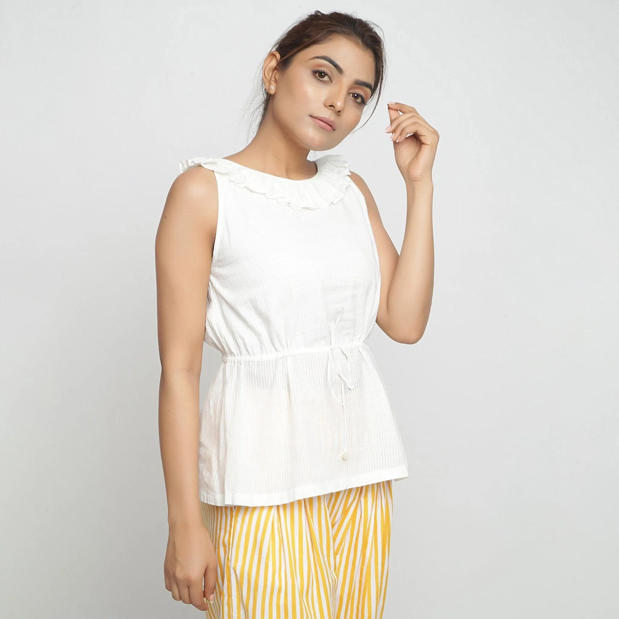 Off-White Ruffled 100% Cotton Sleeveless Peplum Top