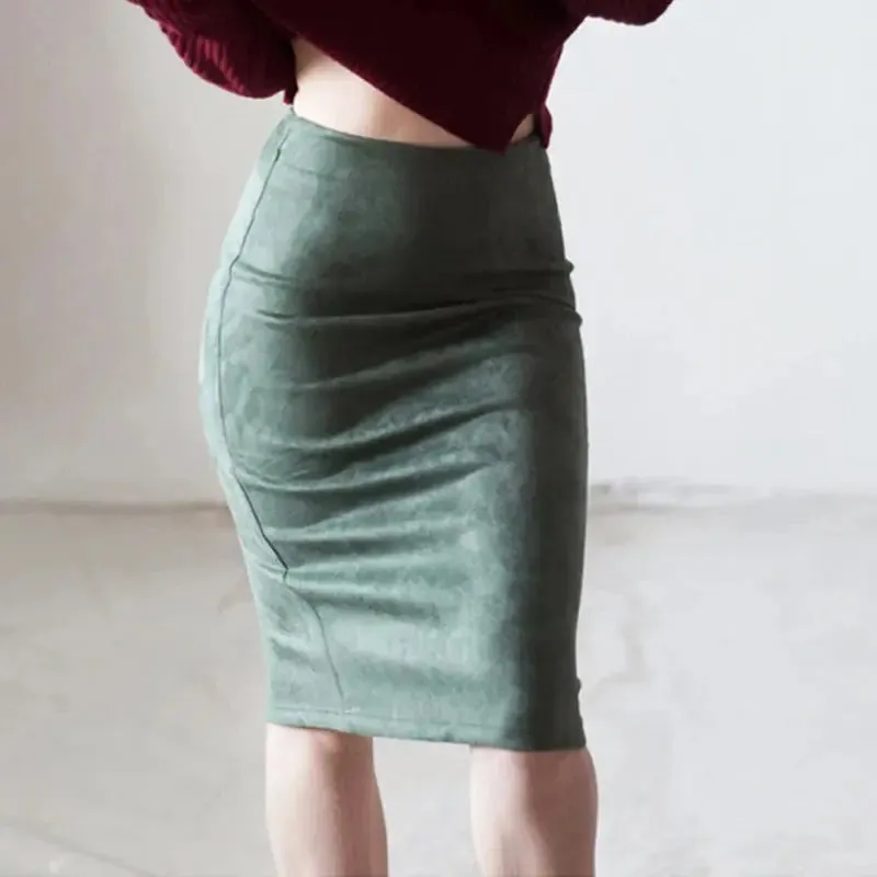 Sexy Multi Color Suede Midi Pencil Skirt Women 2024 Fashion Elastic High Waist Office Lady Bodycon Skirts Saias
