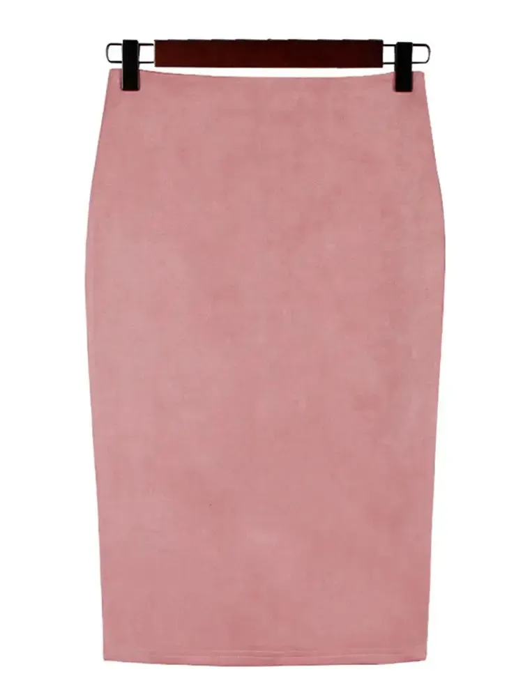 Sexy Multi Color Suede Midi Pencil Skirt Women 2024 Fashion Elastic High Waist Office Lady Bodycon Skirts Saias