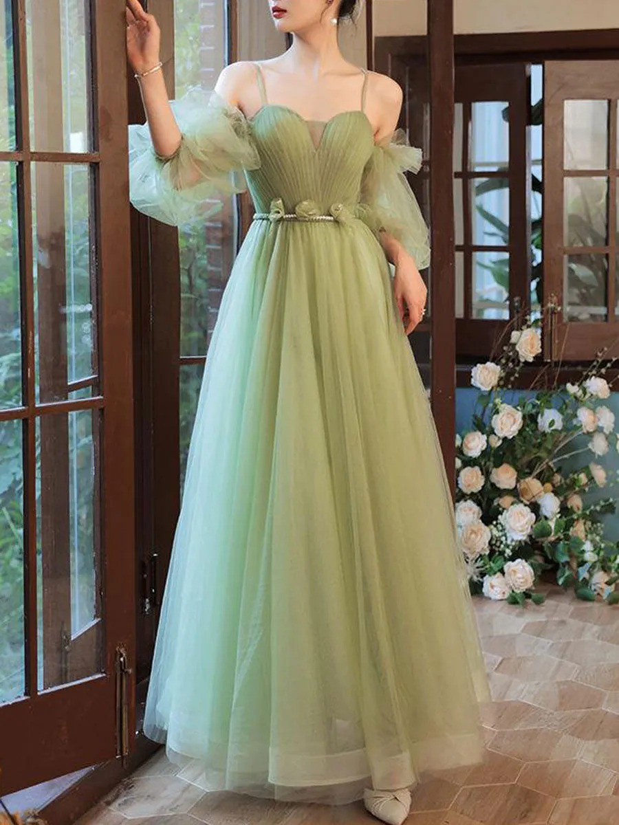 Simple A line Green Long Prom Dress, Green Tulle Bridesmaid Dress
