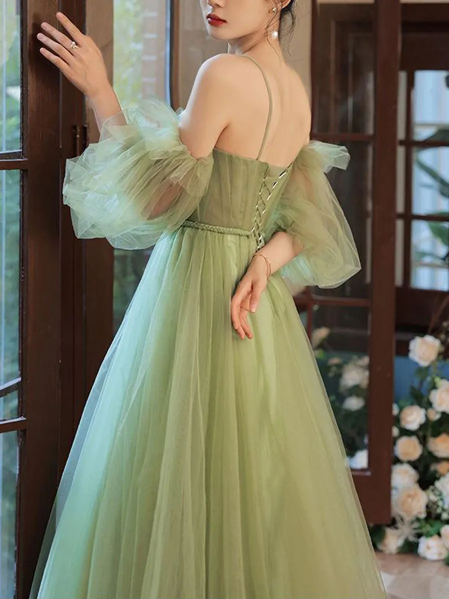 Simple A line Green Long Prom Dress, Green Tulle Bridesmaid Dress