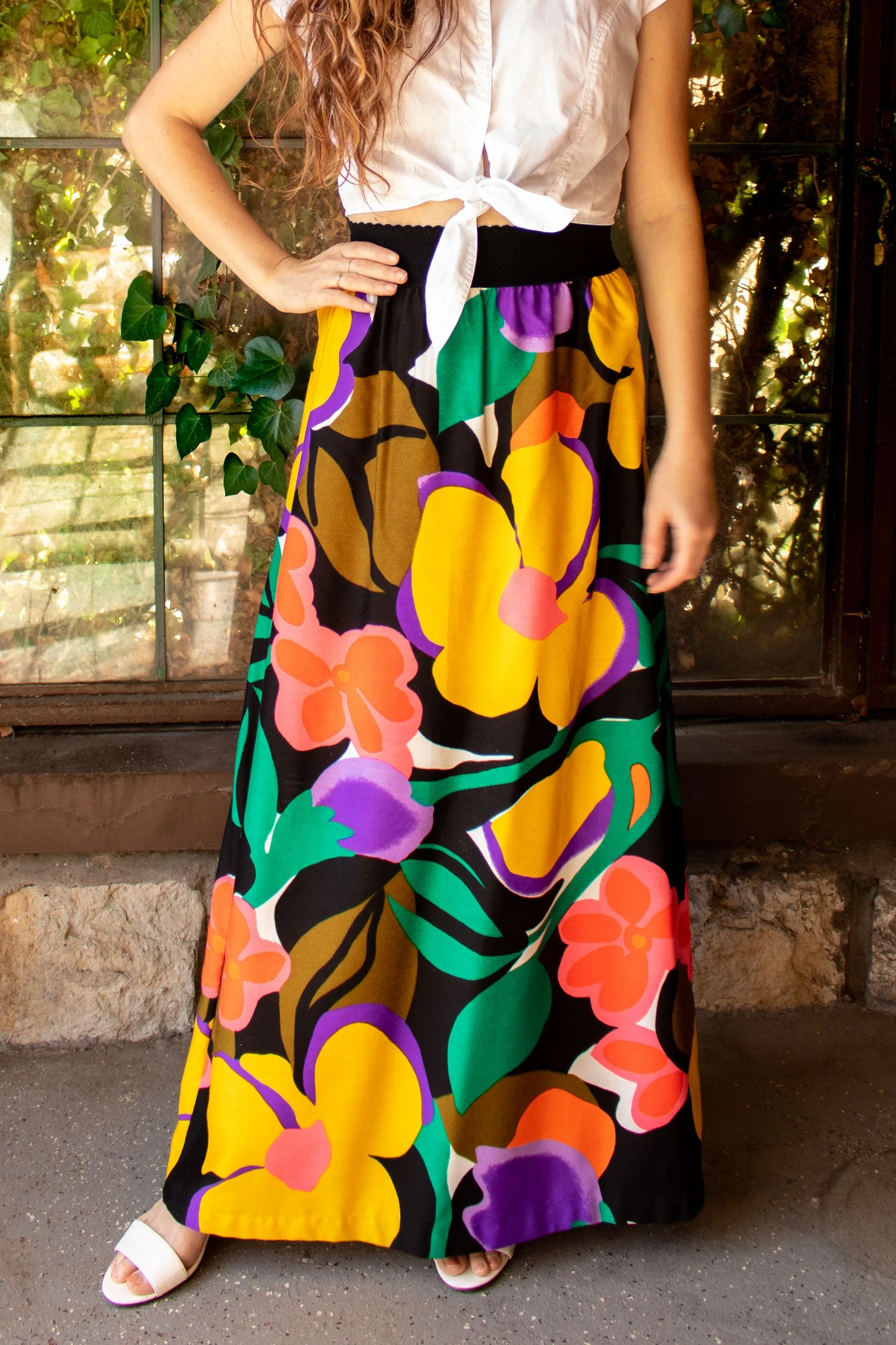 Vintage 1970s Big Bold Floral Print Maxi Skirt - SM/MD