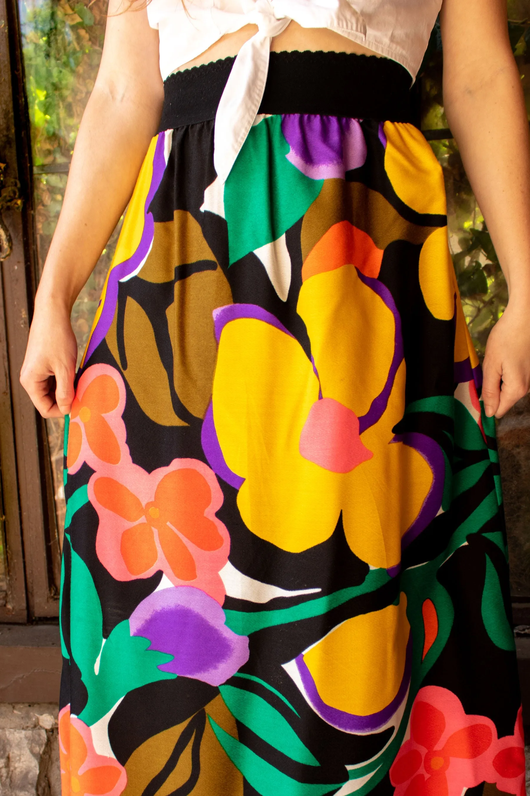 Vintage 1970s Big Bold Floral Print Maxi Skirt - SM/MD