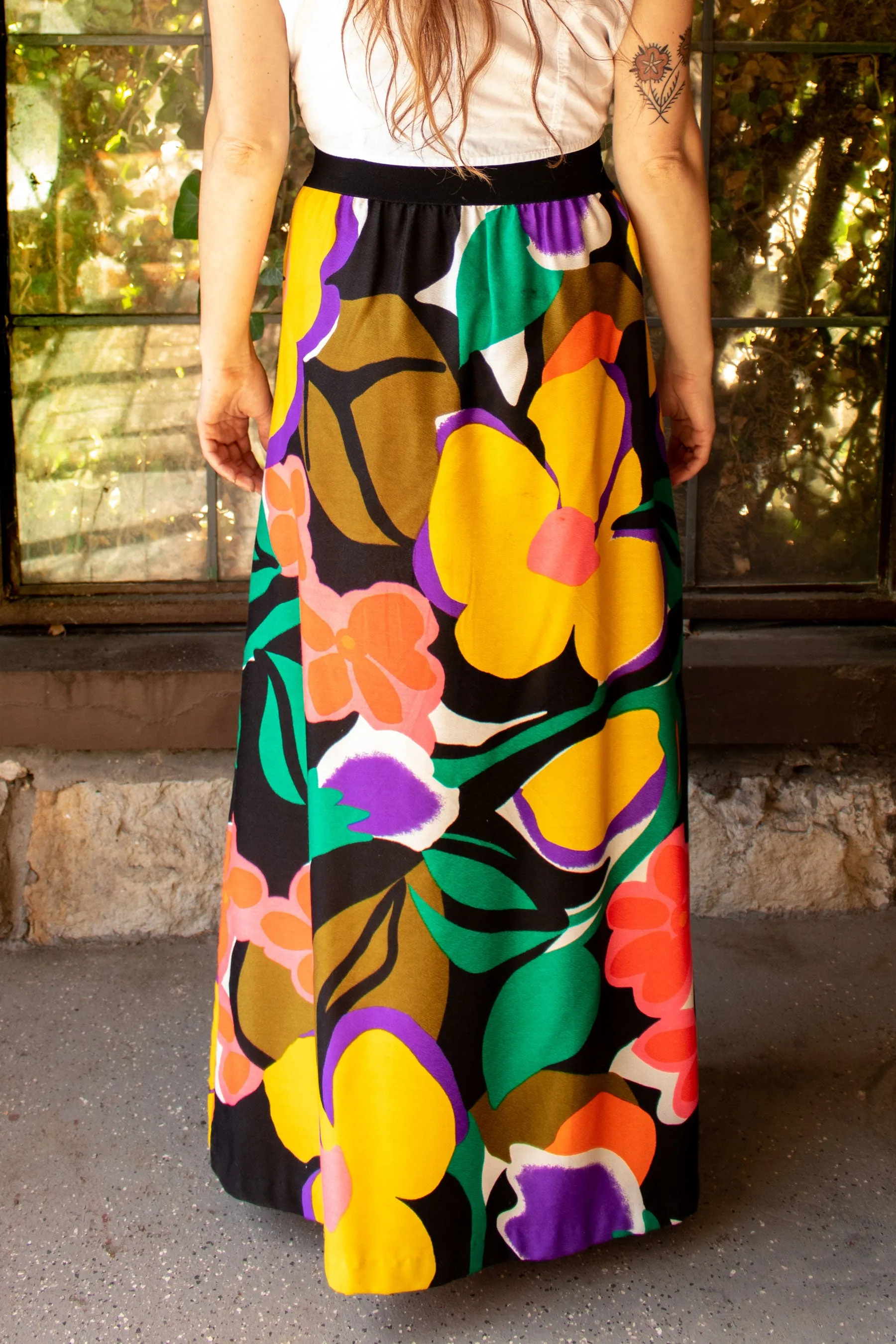 Vintage 1970s Big Bold Floral Print Maxi Skirt - SM/MD